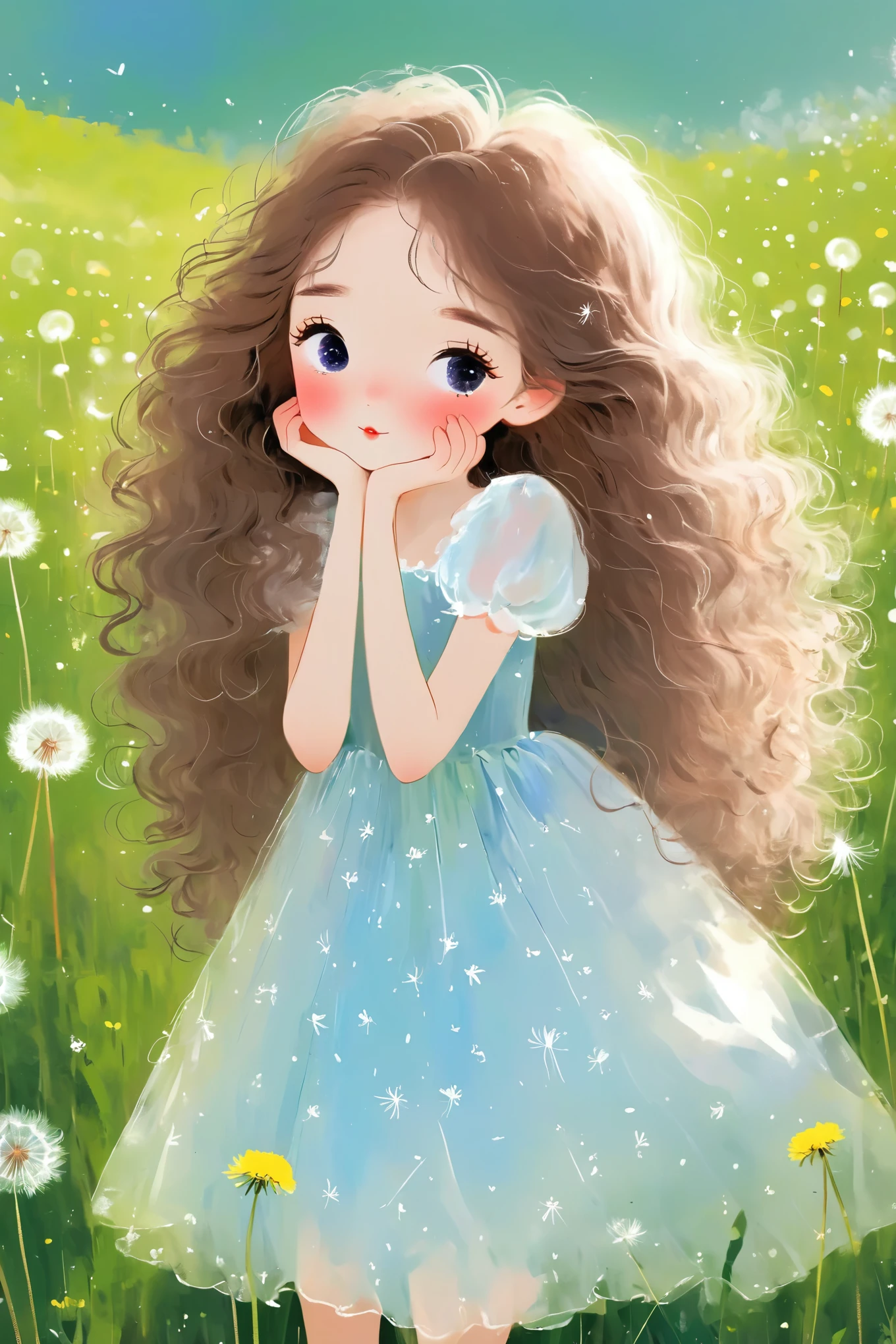 Rough texture，Hand-drawn style。outdoor，Cute 1 girl，Solitary，Fluffy hair，beautiful eyes，blush，dress，Correct human anatomy。Dandelion，Beautiful picture，