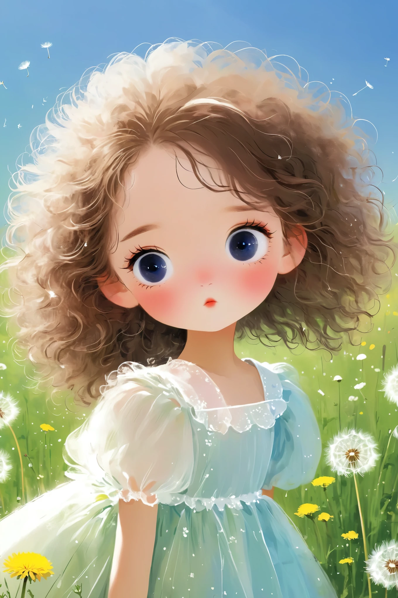 Rough texture,Hand-drawn style。outdoor,Cute 1 girl,Solitary,Fluffy hair,beautiful eyes,blush,dress,Correct human anatomy。Dandelion,Beautiful picture,