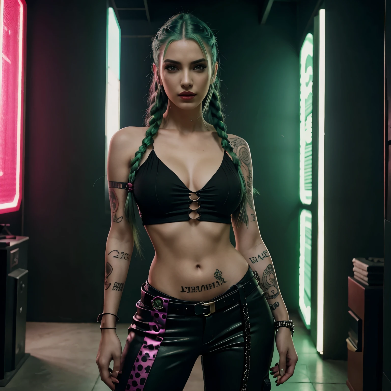 jinx arcano, uma mulher com cabelo verde e tatuagens, mulher cyberpunk mulher anime, pants, Deusa cyberpunk raivosa bonita, estilo de arte cyberpunk, arte digital de anime cyberpunk, arte de anime cyberpunk, Arcane Jinx Retrato, arte de anime cyberpunk, arte com tema cyberpunk, cyberpunk fantasia sombria, estilo arcano, 1 garota, stars tattoo on arm, asymmetrical bangs, franja, cabelo verde, green braids, camisa marrom, tatuagem de estrelas, lateralmente, cabelo verde, cabelo longo, olhos cor de rosa, Red lips, standing , tatuagem de nuvem, Twin braids. Jinx de arcano. Garota de cabelo verde, garota de Twin braids, Jinx em um lugar em chamas, spark, esferas de luz, Film Poster, Jinx, Arcane\(Liga das Lendas\