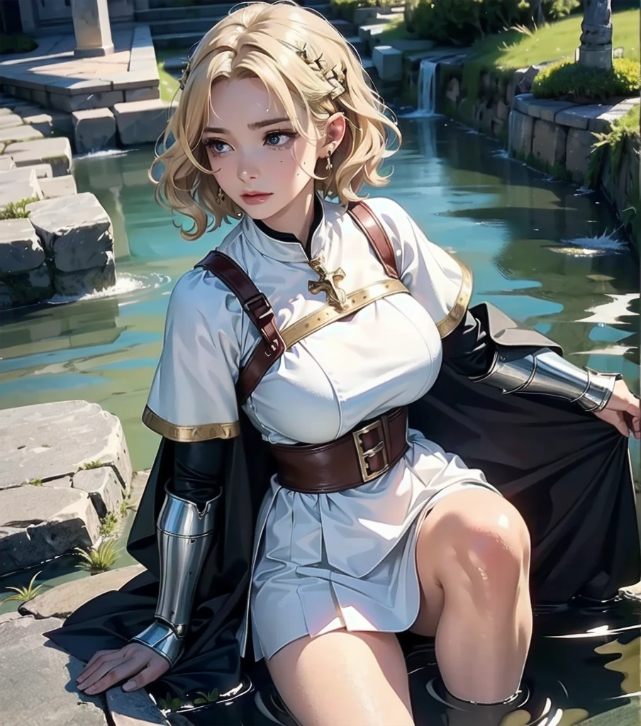 masterpiece, best quality, extremely delicate and beautiful, ultra-detailed, high-resolution, 20 years old, detailed beautiful face, tearful mole, earring, very huge round , short medium hair, wavy hair, wet clothes, full body shot, alone, blonde hair, gauntlets, Joan of Arc, surcoat, cross armor,