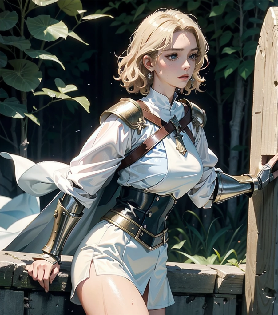 masterpiece, best quality, extremely delicate and beautiful, ultra-detailed, high-resolution, 20 years old, detailed beautiful face, tearful mole, earring, very huge round breasts, short medium hair, wavy hair, wet clothes, full body shot, alone, blonde hair, gauntlets, Joan of Arc, surcoat, cross armor,