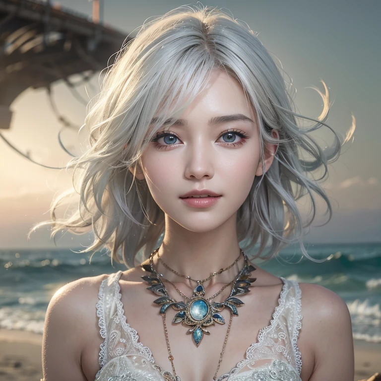 (masterpiece:1.3), (8k, Photorealistic, Raw photo, Best image quality: 1.4), Fair-skinned fairy woman、Long Haircut、Cleavage:2.0、Super detailed face、Attention to detail、double eyelid、Put your chest together、Sharp focus:1.2、Beautiful woman:1.4、Silvery white hair、highest quality、masterpiece、超A high resolution、(Photorealistic:1.4)、Highly detailed and professionally lit smile、Loose, light, steampunk、Shoulder out、thin、Serious expression、Short-haired、Deadly position, one person、whole body,walking the beach、Gorgeous necklace、