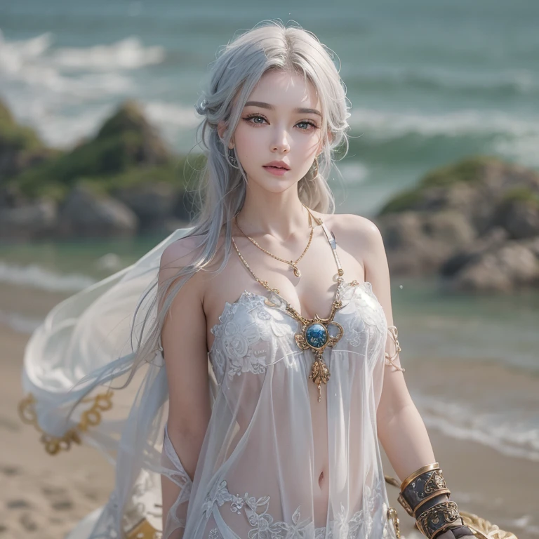 (masterpiece:1.3), (8k, Photorealistic, Raw photo, Best image quality: 1.4), Fair-skinned fairy woman、Long Haircut、Cleavage:2.0、Super detailed face、Attention to detail、double eyelid、Put your chest together、Sharp focus:1.2、Beautiful woman:1.4、Silvery white hair、highest quality、masterpiece、超A high resolution、(Photorealistic:1.4)、Highly detailed and professionally lit smile、Loose, light, steampunk、Shoulder out、thin、Serious expression、Short-haired、Deadly position, one person、whole body,walking the beach、Gorgeous necklace、