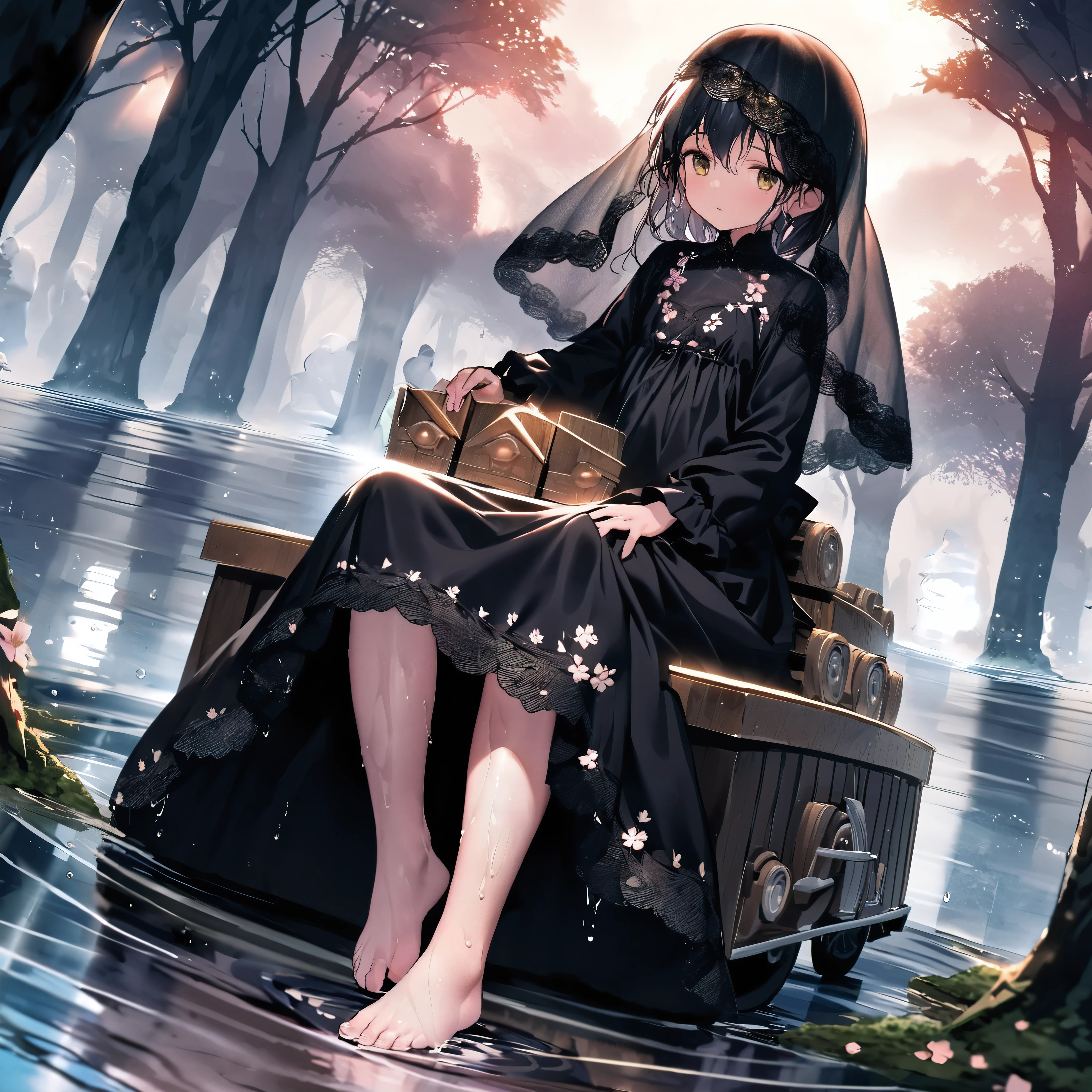 (Dramatic angle,Dynamic angle), ((very young little girl, mesugaki:1.2) was dressed in a (very large black silk dress and lace black veil), with a black veil over her head, she have a beautiful appearance, her slender and beautiful figure), best wrinkle, (mock to viewer), (wet, wet body, wet hair, wet skin, very wet dress, reflection on the wet dress, delicate blossom embroidery, subtle water droplets:1.15), (water spray:1.1), (best dress wrinkle), (Transparent mucus wrapping:1.1),(bare feet), little girl was surrounded and boarded the Seven Treasure Incense Car, slowly driving towards the underworld, The sky became increasingly dim, and the evening breeze blew through the trees, leaving a desolate scene, The sound of festive music in her ears was like a funeral song, and the long road seemed to lead to the underworld