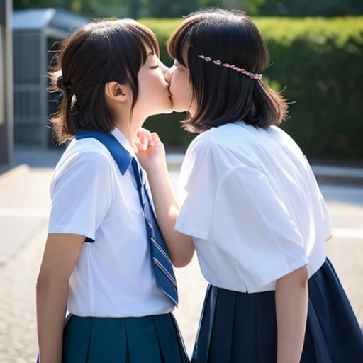 Two Japanese  girls in revealing clothes kissing