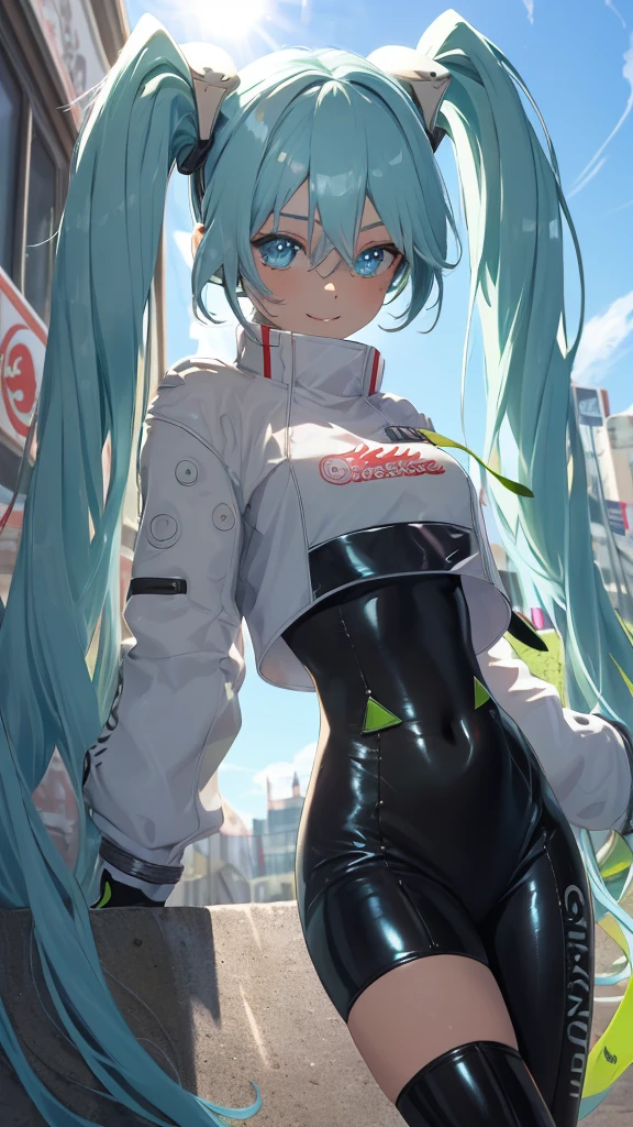 (masterpiece, highest quality), Backlight, Lens flare, Wide Shot, Fisheye Lens , (Face Focus, Depth of written boundary, close: 1.5), Super Detail, figure, colorful, (Fault Color: 1.3), (Immidshot: 1.3), video, Wide-angle, Upper Body, miku hatsune, big breasts, Spotless, Dark green hair, Twin tails, Very long hair, Put your arms behind your back, blue eyes, Glowing Eyes, Relaxed face, Eyebrow hair, Shiny Hair, Glowing Skin, A light smile, racing Miku, Black bodysuit, Cropped jacket, White jacket, Long sleeve, Two-tone gloves, Thigh-high boots, bright, Beautiful detailed sky, city, street,