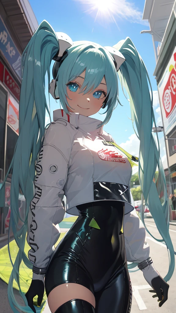 (masterpiece, highest quality), Backlight, Lens flare, Wide Shot, Fisheye Lens , (Face Focus, Depth of written boundary, close: 1.5), Super Detail, figure, colorful, (Fault Color: 1.3), (Immidshot: 1.3), video, Wide-angle, Upper Body, (((One girl))), miku hatsune, Spotless, Dark green hair, Twin tails, Very long hair, Put your arms behind your back, blue eyes, Glowing Eyes, Relaxed face, Eyebrow hair, Shiny Hair, Glowing Skin, A light smile, racing Miku, (Big Breasts), Black bodysuit, Cropped jacket, White jacket, Long sleeve, Two-tone gloves, Thigh-high boots, bright, Beautiful detailed sky, city, street,