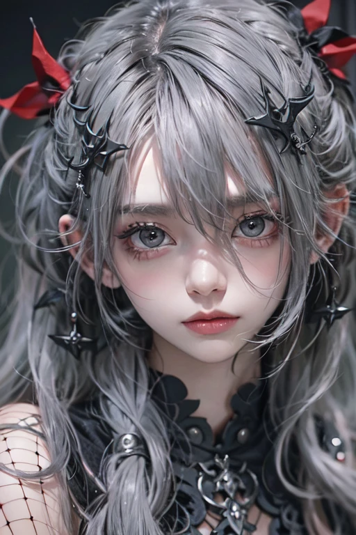 top-quality、8K、​masterpiece：1.3、Gothic punk、Red inner color、A grey dark-haired、hair adornments、a beauty girl、creative、dark fantasy style、Neogos、Goth Fashion：1.2、hight resolution、​masterpiece、top-quality、headw:1.3、((Hasselblad photo))、Fine-grained skin、Sharp Focus、(lighting like a movie)、Realistic texture m hair