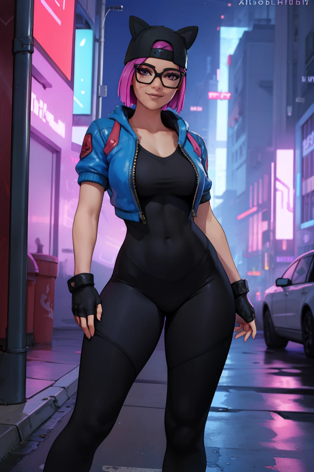 (masterpiece), (best quality), standing, (alone), looking at viewer, highly detailed, extremely detailed, night cyberpunk , thin eyes, smile, dynamic pose, short pink hair, cap, loose black v-neck t-shirt V, jacket, fingerless glove, curves, glasses,(black leggings),(portrait:1.2),