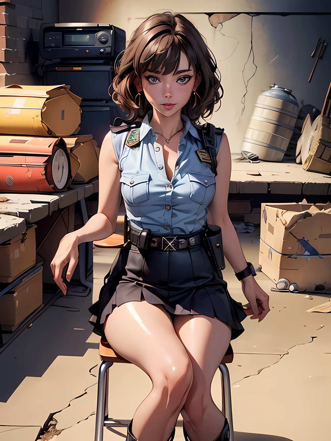 (masterpiece: 1.3), (Maximum resolution: 1.2), (Ultra HDTV: 1.2), Cinema Lighting, Ultra HDTV, (Detailed eyes and skin), (Detailed facial features), High resolution, 8k resolution, Sharp focus: 1.2, Perfect Style, Beautiful Face, Accurate, Anatomically correct, Highly detailed face and skin texture, fine grain, Dark blue eyes, double eyelid, Thin eyebrows, Glitter Eyeliner: 1.2, Natural Cheeks, Glowing Skin, Fair skin: 1.2, Shiny little necklace and earrings, (Glossy Lips: 1.4), break, First Person View,((Drunk,hiccups:1.5)),(She is a policewoman), (((Black watches on both wrists))),(((Wear a sleeveless button-up shirt, Ultra mini skirt, Shiny Police Belt,To the Navy, short boots))), (((Exposing your thighs))),(Captivating smile: 1.2), (look at me), ((Pure and cute girl:1.2)), (Layered Hairstyles, Wavy Hair, Light brown hair, Diagonal bangs), Medium Long Hair, (Full Body Shot: 1.2), Focus on the face, ((Very close relationship: 1.2)), (Medium large breasts), (((Empty basement: 1.6))), ((sit cross-legged on a chair:1.4)), from before,