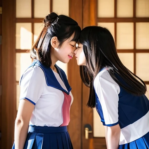 Two Japanese  girls in short sleeves and shorts are kissing with their eyes closed