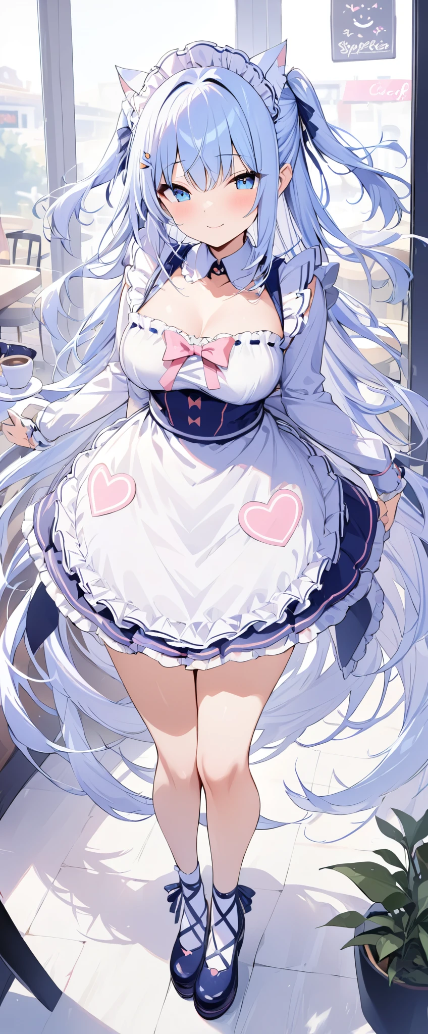 masterpiece, highest quality,,headdress, maid Cafe,smile,closed mouth,mishiro,full body,Light navy blue maid outfit,Super long hair,short two side up.