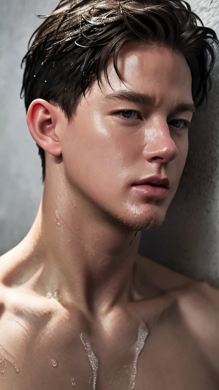 Channing Tatum, portrait, wet body and face, advertise concept, confident, vogue magazine cover concept, shirtless, studio nature photo, grey wall, Wounded face due to a cut