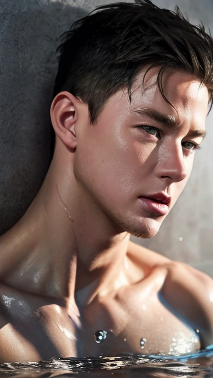 Channing Tatum, portrait, wet body and face, advertise concept, confident, vogue magazine cover concept, shirtless, studio nature photo, grey wall, Wounded face due to a cut