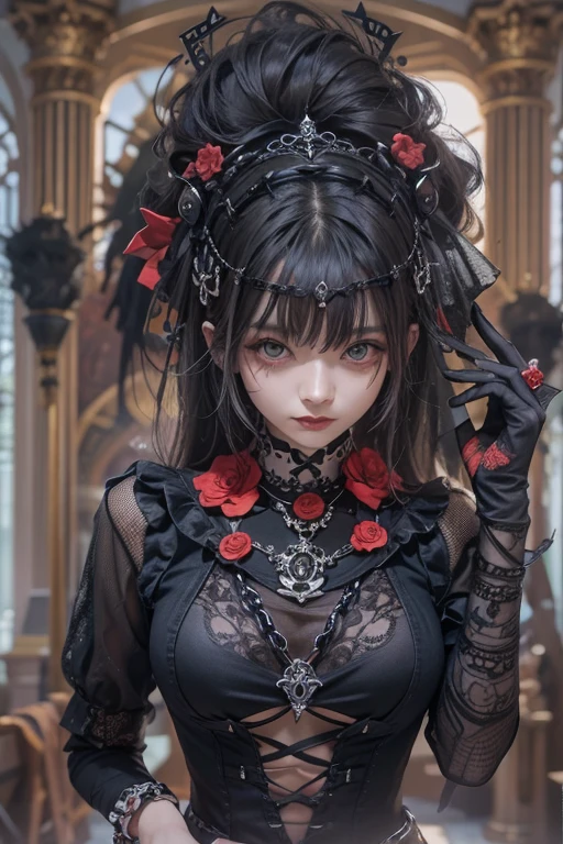 top-quality、8K、masterpiece:1.3、Gothic punk、Red inner color、A dark-haired、hair adornments、a beauty girl、creative、dark fantasy style、Neogos、Goth Fashion:1.2