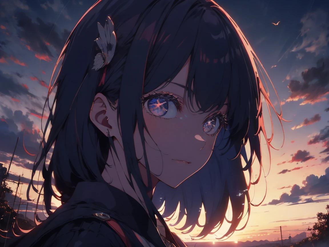 masterpiece, highest quality, High resolution, One Girl, alone, bangs， sunset, , Gazing into the distance，hill、cloud、Long Hair、woman、The wind is blowing、Wide sky