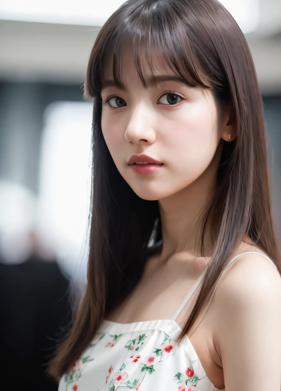 (8k, RAW photo, best quality, masterpiece:1.2), (realistic, photo-realistic:1.37), best quality, ultra high res, photon mapping, radiosity, physically-based rendering,bblurry, blurry_foreground, depth_of_field, blurry_background, photo_\(medium\), motion_blur,1girl, (full body),long legs,thin legs,medium hair, bangs,(see through bangs), lips, solo, black_eyes, nose,soft,holding hands,no Dress, white dress, long dress, floral print, narrow waist, {{{looking at viewer}}}, shy, naughty face,