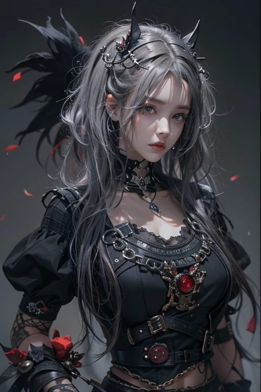 top-quality、8K、​masterpiece：1.3、Gothic punk、Red inner color、A grey dark-haired、hair adornments、a beauty girl、creative、dark fantasy style、Neogos、punk shirt Fashion：1.2、hight resolution、​masterpiece、top-quality、headw:1.3、((Hasselblad photo))、Fine-grained skin、Sharp Focus、(lighting like a movie)、Realistic texture