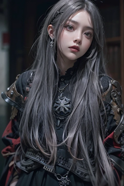 top-quality、8K、masterpiece:1.3、Gothic punk、Red inner color、A grey dark-haired、hair adornments、a beauty girl、creative、dark fantasy style、Neogos、punk shirt Fashion:1.2、hight resolution、masterpiece、top-quality、headw:1.3、((Hasselblad photo))、Fine-grained skin、Sharp Focus、(lighting like a movie)、Realistic texture
