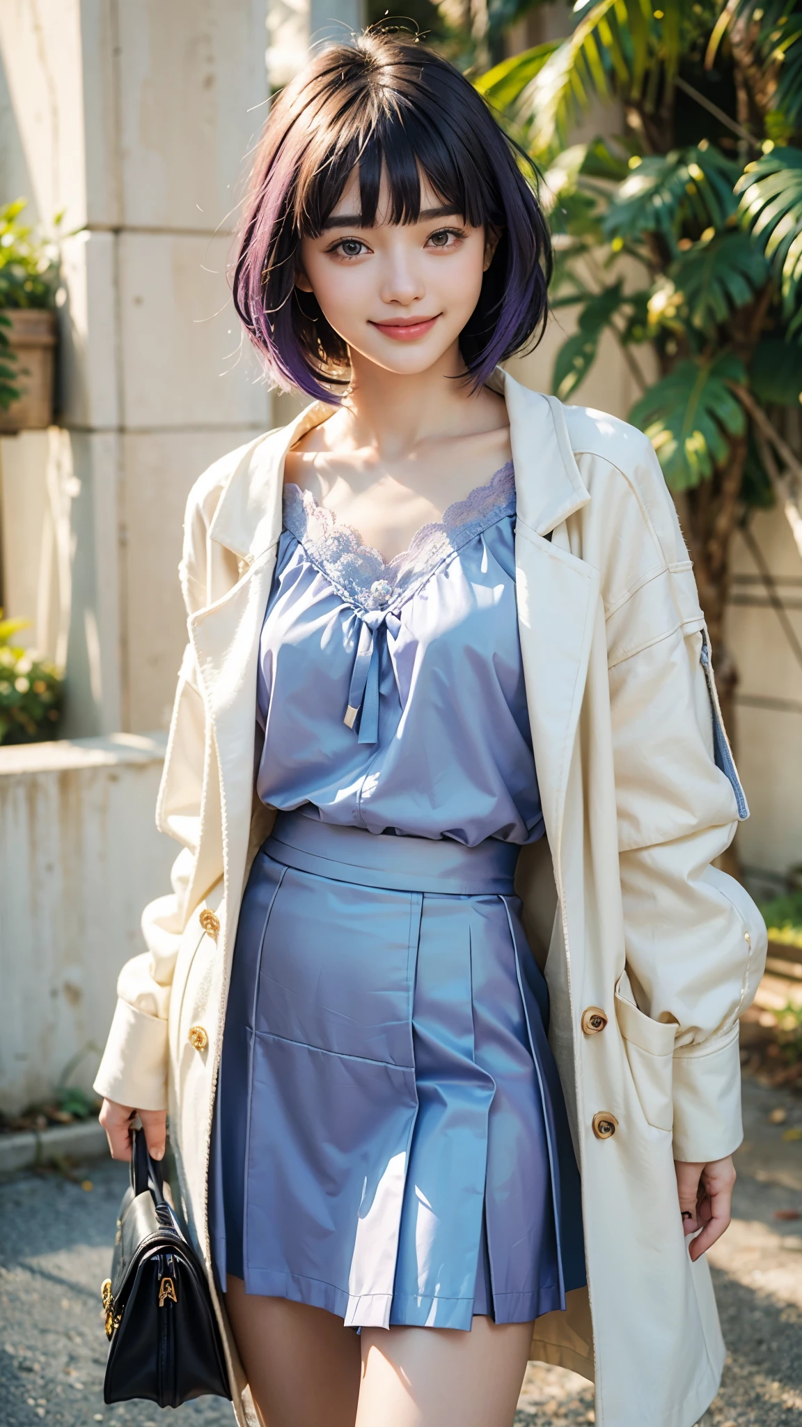 highest quality, masterpiece, Ultra-high resolution, (Realistic:1.4), (Portraiture) RAW Photos, 1 girl,22 years old((Detailed face)),(((座ったPortraiture)),((Random Background)),((Smiling with teeth showing)),((Big smile)),((Light-colored blouse and white coat)),((Pastel color shoulder bag)),((Black Lace Skirt)),((Straight long blue-purple hair with ribbon)),((Short bangs)),Realistic,Image Media Chest)),