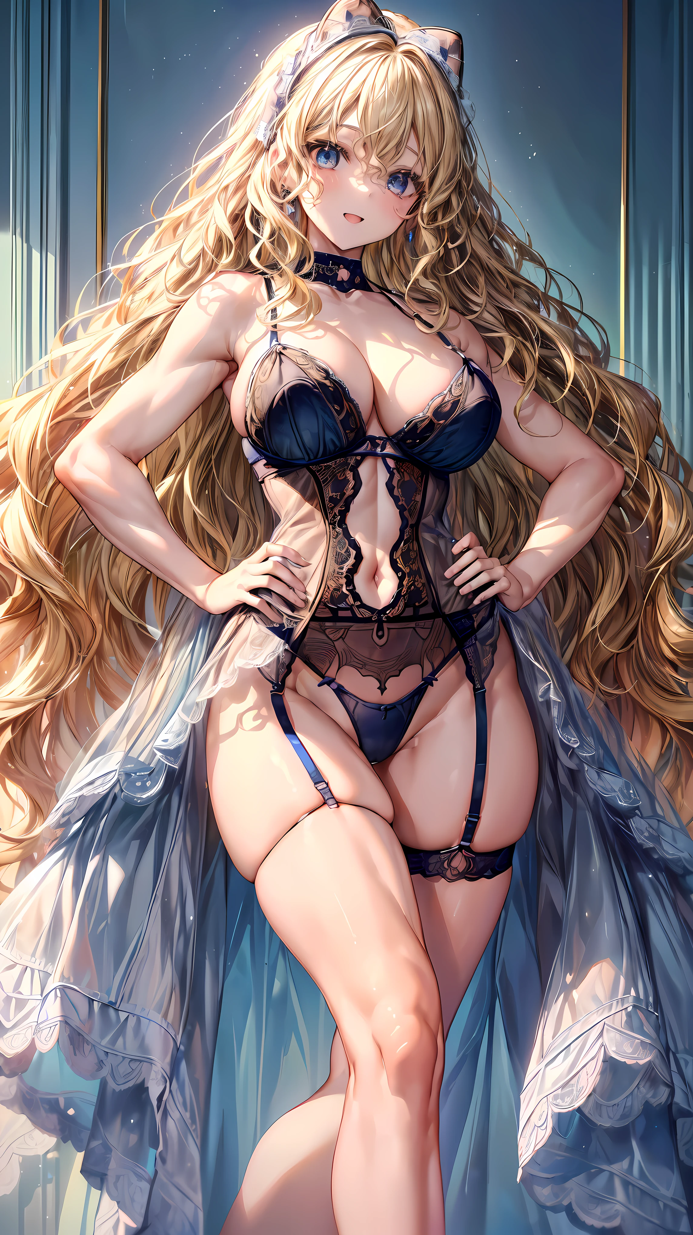 (Adult women:1.5)、Very detailed、highest quality、Best image quality、masterpiece、8k、Anime Face、A kind smile、(Open your mouth:1.3)、Sparkling blue eyes、(Blonde Wavy Hair:1.5)、、Muscles of the whole body、(High leg:1.5)、Thigh belt、(Wearing lingerie:1.5)、(Cowboy Shot:1.5)、SFW Giant、(Put your hands on your hips)