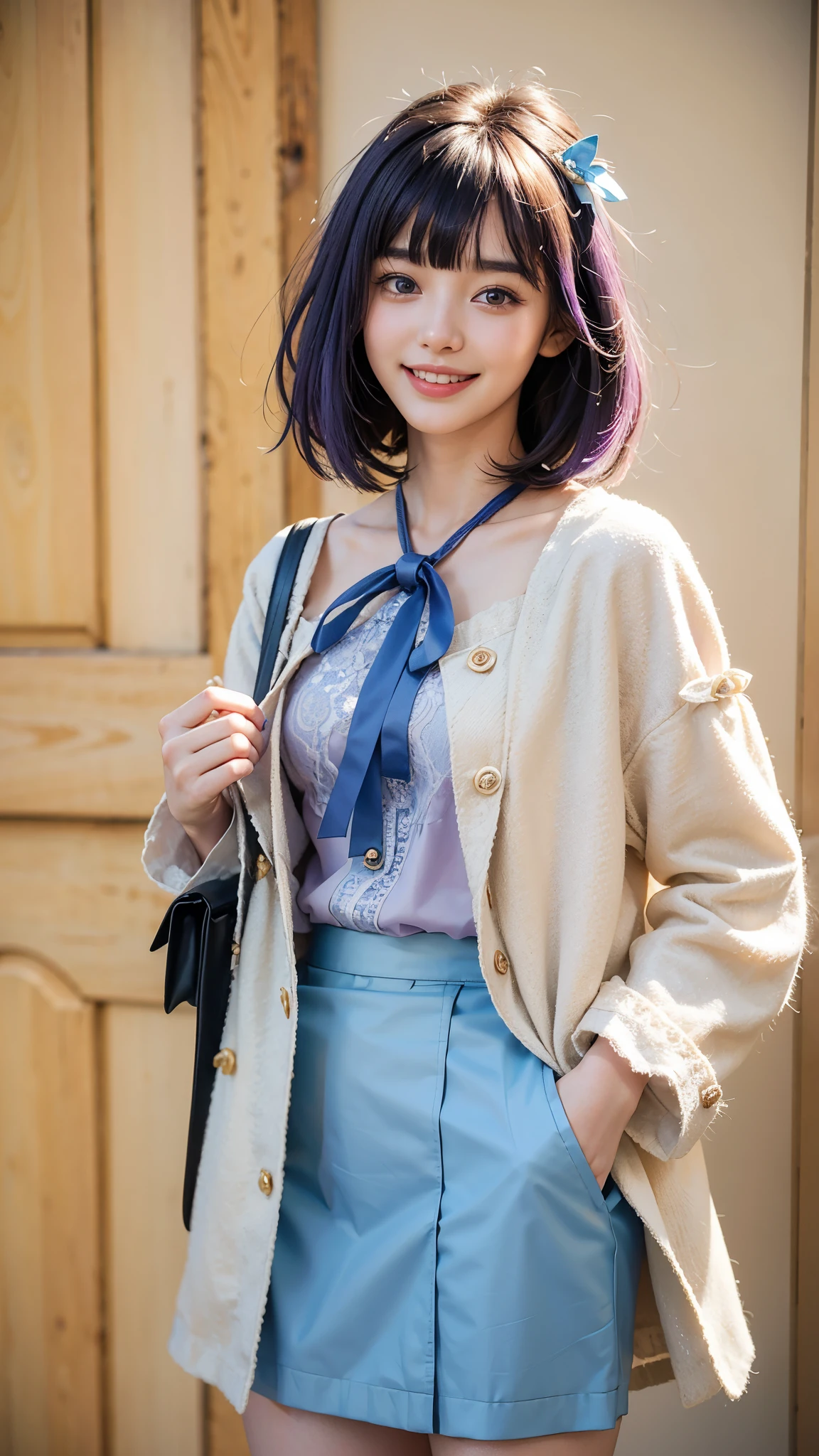 highest quality, masterpiece, Ultra-high resolution, (Realistic:1.4), (Portraiture) RAW Photos, 1 girl,22 years old((Detailed face)),(((座ったPortraiture)),((Random Background)),((Smiling with teeth showing)),((Big smile)),((Light-colored blouse and white coat)),((Pastel color shoulder bag)),((Black Lace Skirt)),((Straight long blue-purple hair with ribbon)),((Short bangs)),Realistic,Image Media Chest)),
