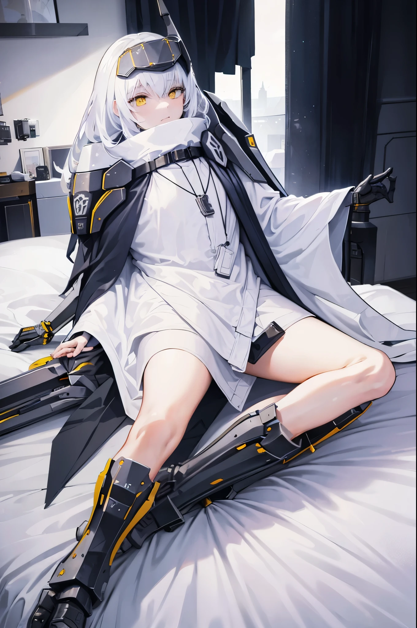 yellow eyes, white hair, long hair, headgear, mechanical boots, cloak, bare legs, single pauldron,bed, hotel, lying down, sleeping, quiet,1person, solo