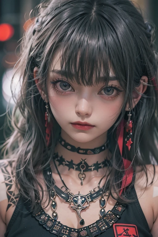 top-quality、8K、masterpiece:1.3、Gothic punk、Red inner color、A grey dark-haired、hair adornments、a beauty girl、creative、punk shirt、Neogos、Goth Fashion:1.2、high resolution、masterpiece、top-quality、headw:1.3、((Hasselblad photo))、Fine-grained skin、Sharp Focus、(lighting like a movie)、walking Tokyo night under the neon the back, forehead open, 17 years old、Brush your hair back、Shoulder Bare、Red tattoo on the décolletage