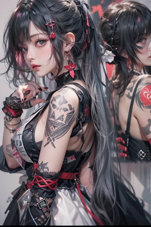 top-quality、8K、​masterpiece：1.3、Gothic punk、Red inner color、A grey dark-haired、hair adornments、a beauty girl、creative、punk shirt、Neogos、Goth Fashion：1.2、high resolution、​masterpiece、top-quality、headw:1.3、((Hasselblad photo))、Fine-grained skin、Sharp Focus、(lighting like a movie)、walking Tokyo night under the neon the back, forehead open, 、Brush your hair back、Shoulder Bare、Red tattoo on the décolletage