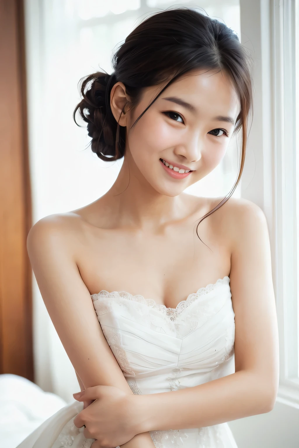photograph,Highest quality,Perfect Face,White Dress,Smiling Face,