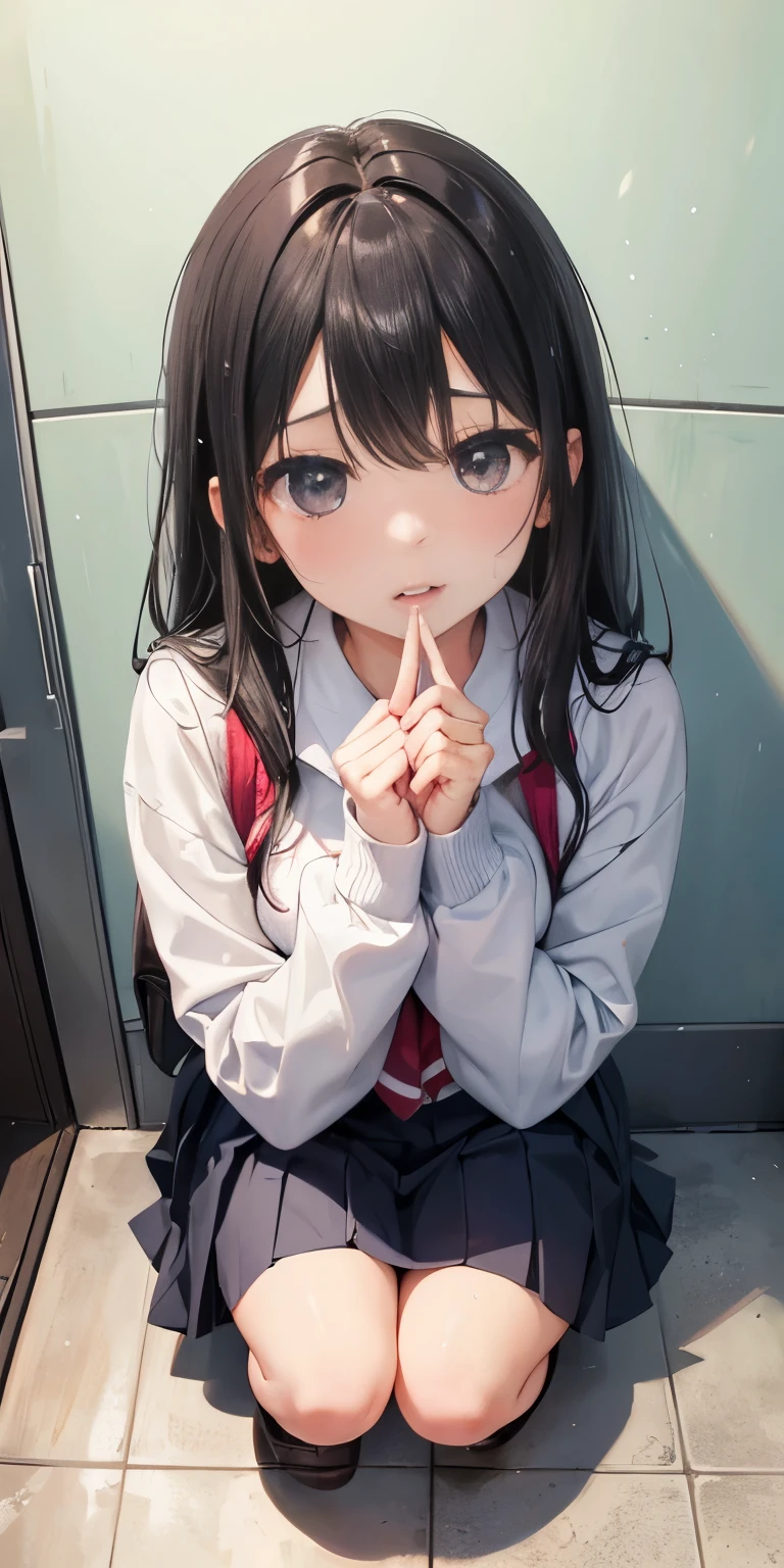 girl、high school girl、Wearing 、Mouth open、Pleated skirt、Crouching、Looking up at me、 on the face、My whole body is wet