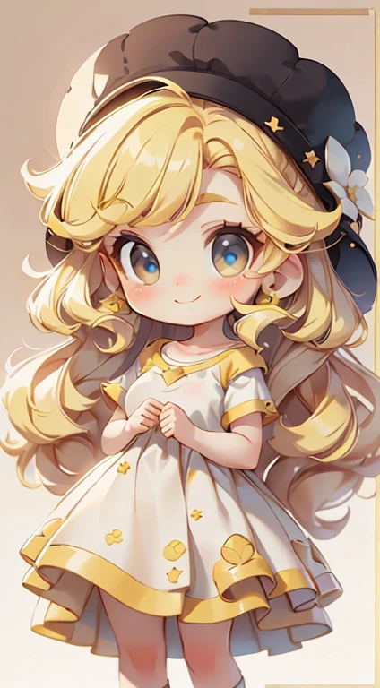 1 girl, Chibi T-shirt, Yellow Hair, Luxury Fabric,,deep, Looking at the audience, White Background、pretty girl、Cute expression、Luxury Dresses、Best image quality、masterpiece、Straight hair、hat、Cute Girls、smile、high resolution、Ultra delicate、Cute eyes