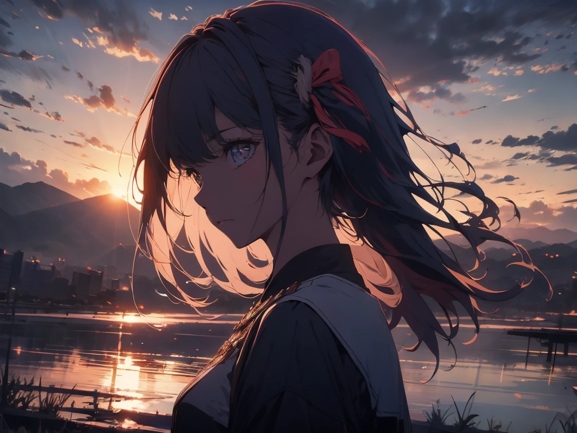 masterpiece, highest quality, High resolution, One Girl, alone, bangs， sunset, , Gazing into the distance，hill、cloud、Long Hair、woman、The wind is blowing、Wide sky