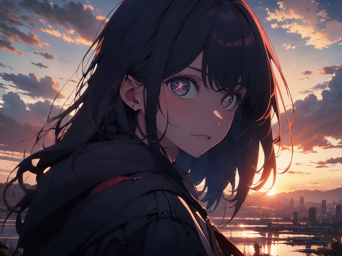 masterpiece, highest quality, High resolution, One Girl, alone, bangs， sunset, , Gazing into the distance，hill、cloud、Long Hair、woman、The wind is blowing、Wide sky