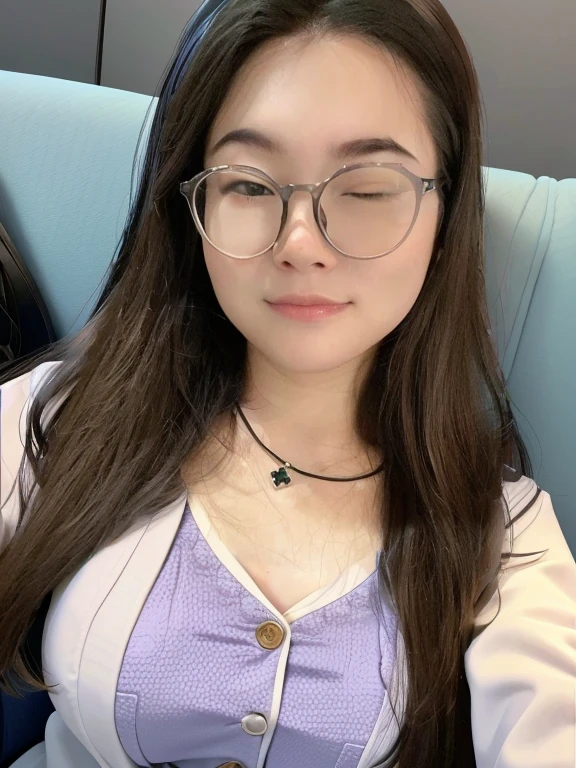arafed woman wear glasses sitting on a couch with a necklace on, wear glasses, 2 , 28 years old, 29 years old, wear glasses的, 23 years old, wear glasses on, Wearing long, Round glasses, 22 years old, 21 years old, Wearing small Round glasses, 18 years old, wear glasses (White sailor suit)、Pichi Pichi Clothes、