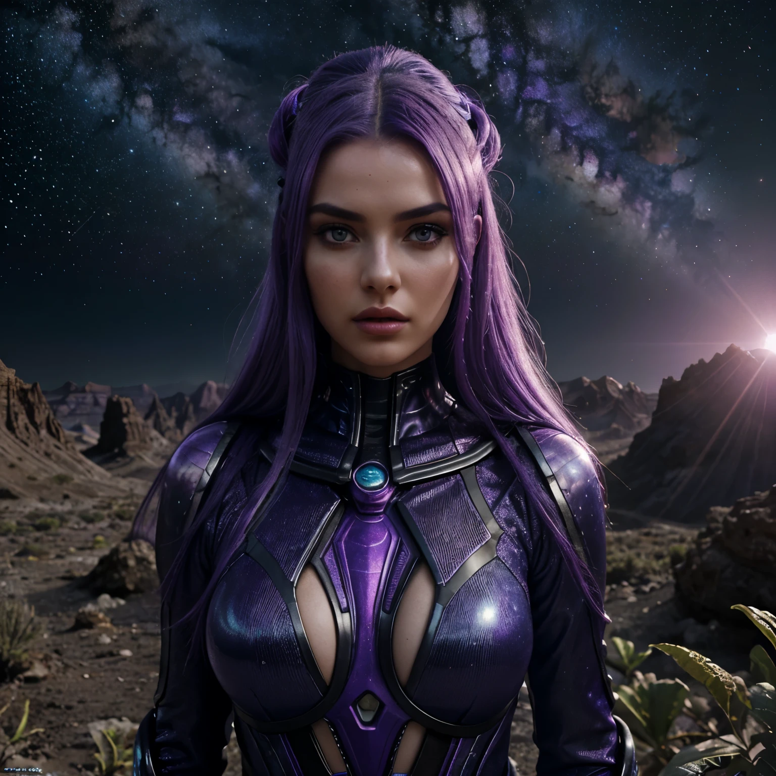 Masterpiece, RAW photo, hyper photorealistic, Beautiful alien girl with a lot of purple hair, on a far fantastic planet, cosmic landscape, cute sexy, highly detailed, sci-fi aesthetic, fantasy aura, unearthly vegetation, by rutkowski, hdr, intricate details, hyperdetailed, cinematic, depth of field, rim light