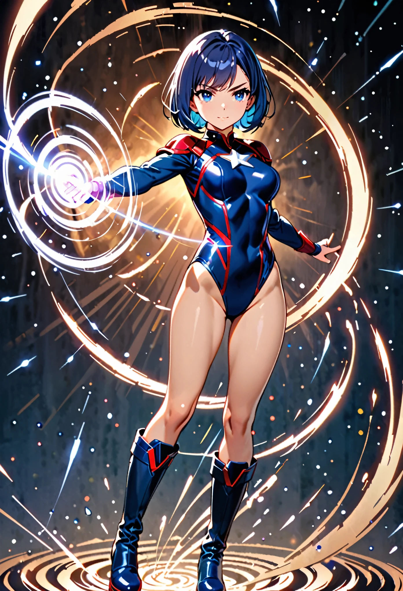 masterpiece, best quality, 1girl, superhero, ((leotard, dark blue leotard)), long sleeves, bare legs, boots, dark blue boots, matching boots, medium breasts, diffraction spikes, light particles, standing, standing straight, dark blue hair, ((short hair, bob hair)), blue eyes, beautiful detailed eyes, beautiful detailed face, cute face, (perfect hands, complete fingers, perfect anatomy, perfect proportions), heroic, ((star symbol on the chest)), serious, full body with costume, full body, cowboy shot, ((raised arms, spins fast in place like a tornado, she spins at an incredible speed, creating a whirlwind of air around her, cyclone spinning)), ((spiral lines, spinning energy pulse around her)).