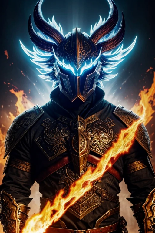 A colossal monstrosity looms in the foreground, its hulking figure casting ominous shadows onto the surrounding landscape. The monstrosity's body is Covered with intricately etched armor, adorned with alchemical symbols and ominous runes that seem to pulse with an otherworldly energy. Its face, partially obscured by an ornate mask, reveals Glowing eyes that burn with an intense and mesmerizing flame. Wild blue flames also surge from its mane of unruly hair, creating a halo of fiery chaos around it. A helm-like headdress adorns its head, a stunning fusion of modern metals and ancient re