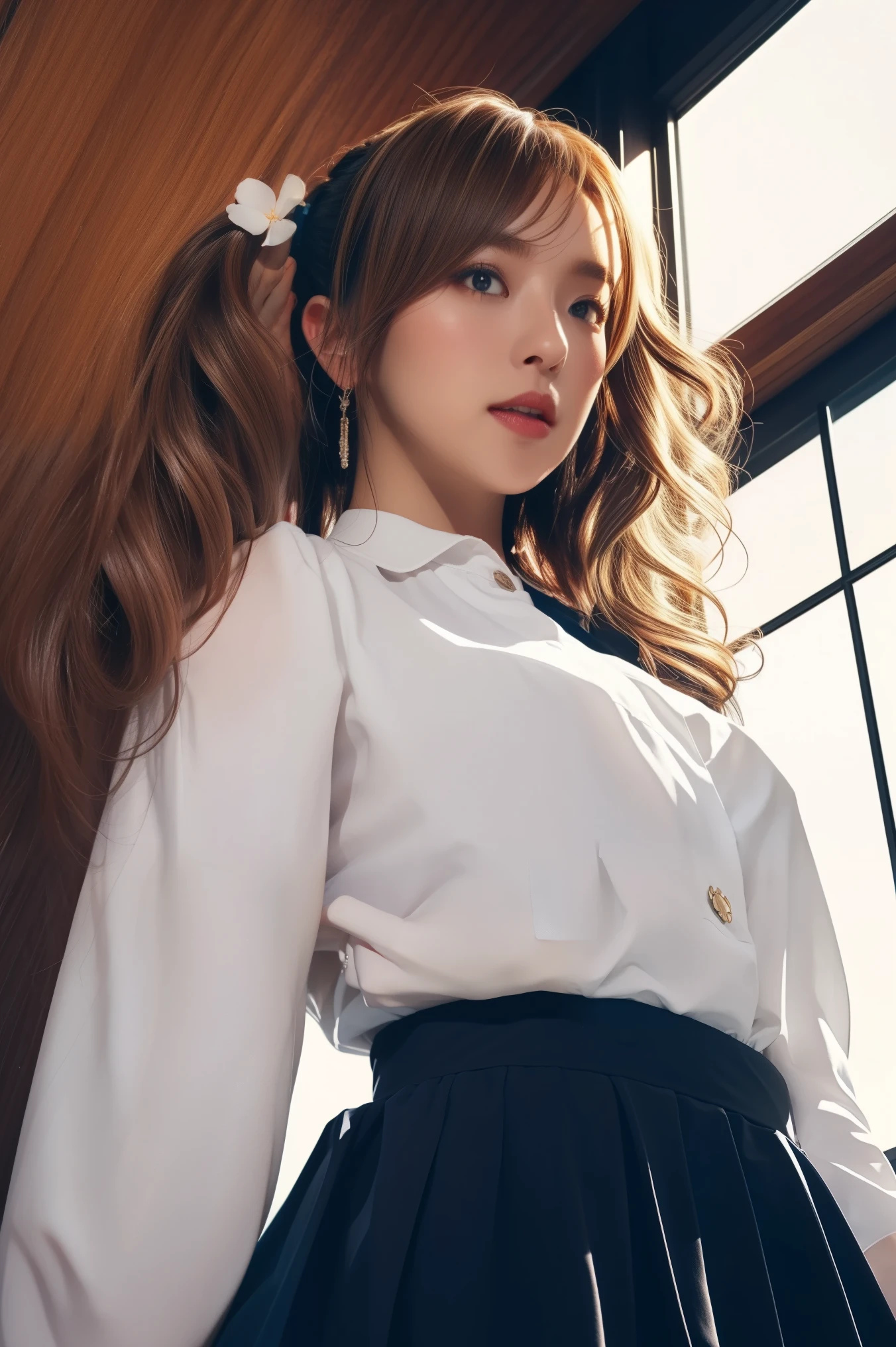 anntakamaki, sorry, Blonde, blue eyes, hair ornaments, Hair Clip, Long Hair, Swept-apart bangs, Twin tails, Wavy Hair,
break , shirt, skirt, Jacket, tie,
break looking at viewer,
break indoors, Shibuya City、Angle from below、ミニskirt、Fisheye Lens、
break (masterpiece:1.2), highest quality, High resolution, unity 8k wallpaper, (figure:0.8), (Beautiful fine details:1.6), Highly detailed face, Perfect lighting, Highly detailed CG, (Perfect hands, Perfect Anatomy),