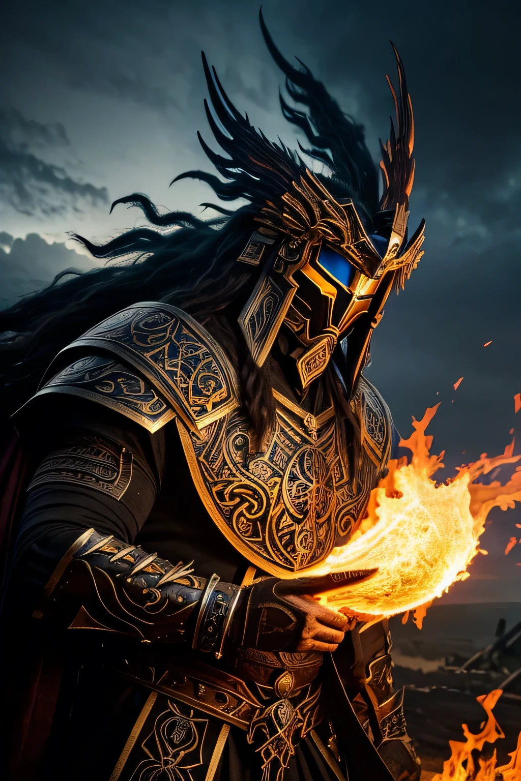 A colossal monstrosity looms in the foreground, its hulking figure casting ominous shadows onto the surrounding landscape. The monstrosity's body is Covered with intricately etched armor, adorned with alchemical symbols and ominous runes that seem to pulse with an otherworldly energy. Its face, partially obscured by an ornate mask, reveals Glowing eyes that burn with an intense and mesmerizing flame. Wild blue flames also surge from its mane of unruly hair, creating a halo of fiery chaos around it. A helm-like headdress adorns its head, a stunning fusion of modern metals and ancient re