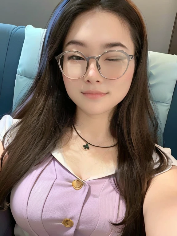 arafed woman wear glasses sitting on a couch with a necklace on, wear glasses, 2 7 years old, 28 years old, 29 years old, wear glasses的, 23 years old, wear glasses on, Wearing long, Round glasses, 22 years old, 21 years old, Wearing small Round glasses, 18 years old, wear glasses (White sailor suit)、Pichi Pichi Clothes、