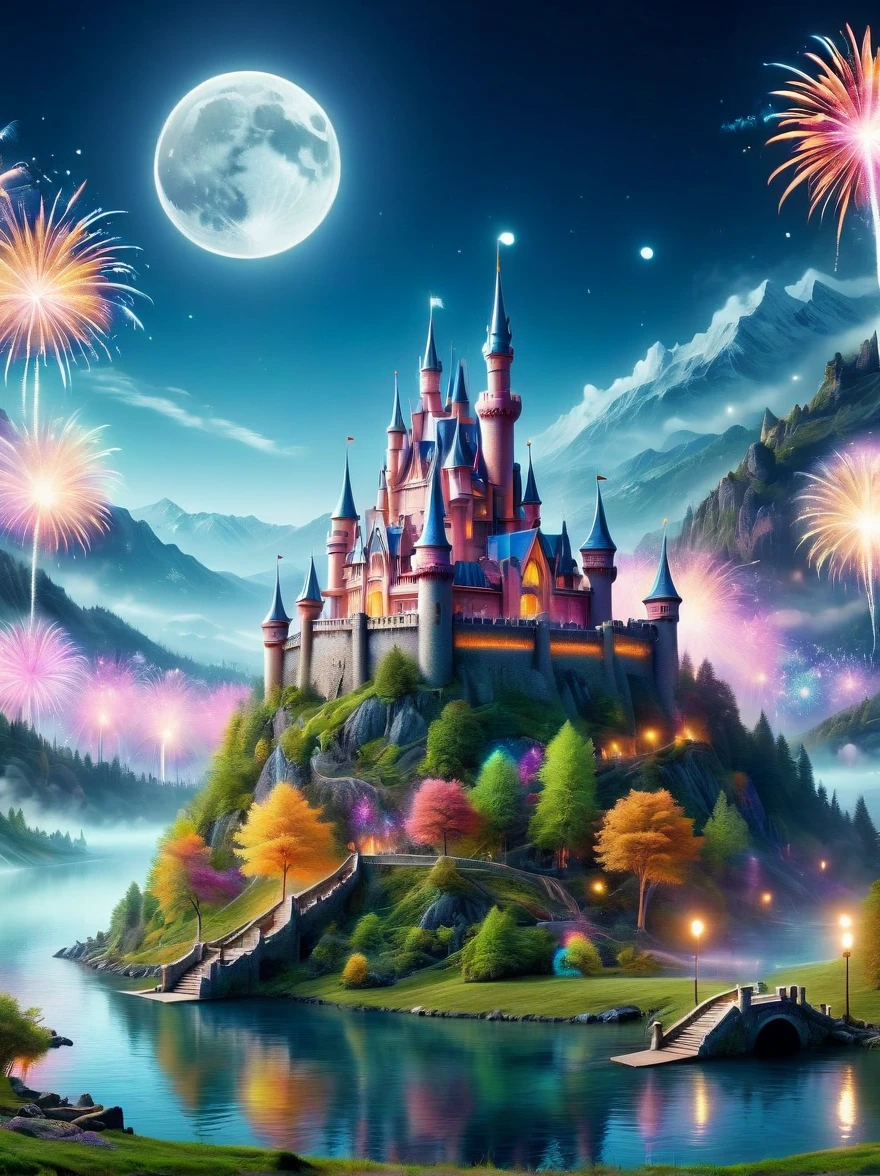 (A mysterious dream castle:1.5), night，(moon:1.5)，(Bubbles)，(fireworks:1.5)，Dreams，(Psychedelic)，(Neon light)，In dreams，A hidden lake，Bright colors，A Glowing Feast，Add a unique character emitting the ethereal aura of a fantasy creature by the water。Wide angle lens，Make it panoramic，Showcasing stunning castle woodland scenery，This magical scene is full of the essence of the fantasy world, Fine fractal，smooth，vivid，Color ink，sketch，Shiny silhouette