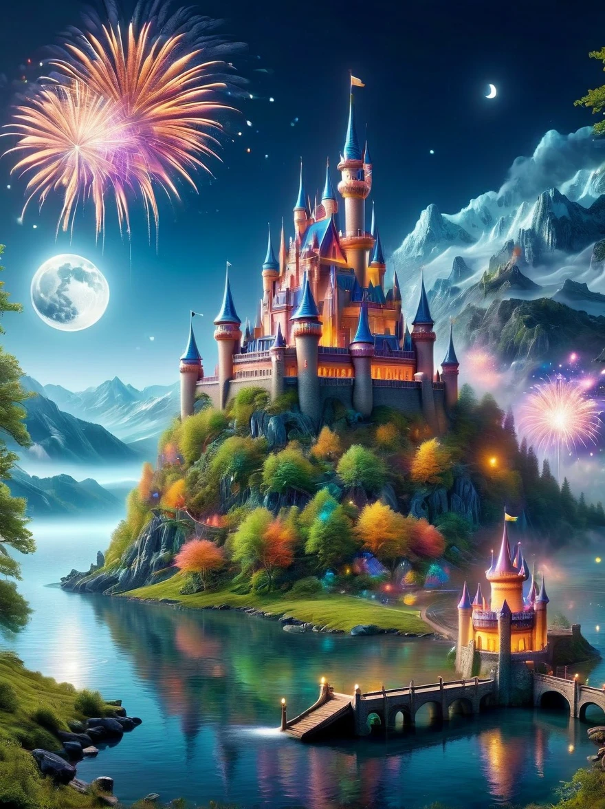 (A mysterious dream castle:1.5), night，(moon:1.5)，(Bubbles)，(fireworks:1.5)，Dreams，(Psychedelic)，(Neon light)，In dreams，A hidden lake，Bright colors，A Glowing Feast，Add a unique character emitting the ethereal aura of a fantasy creature by the water。Wide angle lens，Make it panoramic，Showcasing stunning castle woodland scenery，This magical scene is full of the essence of the fantasy world, Fine fractal，smooth，vivid，Color ink，sketch，Shiny silhouette