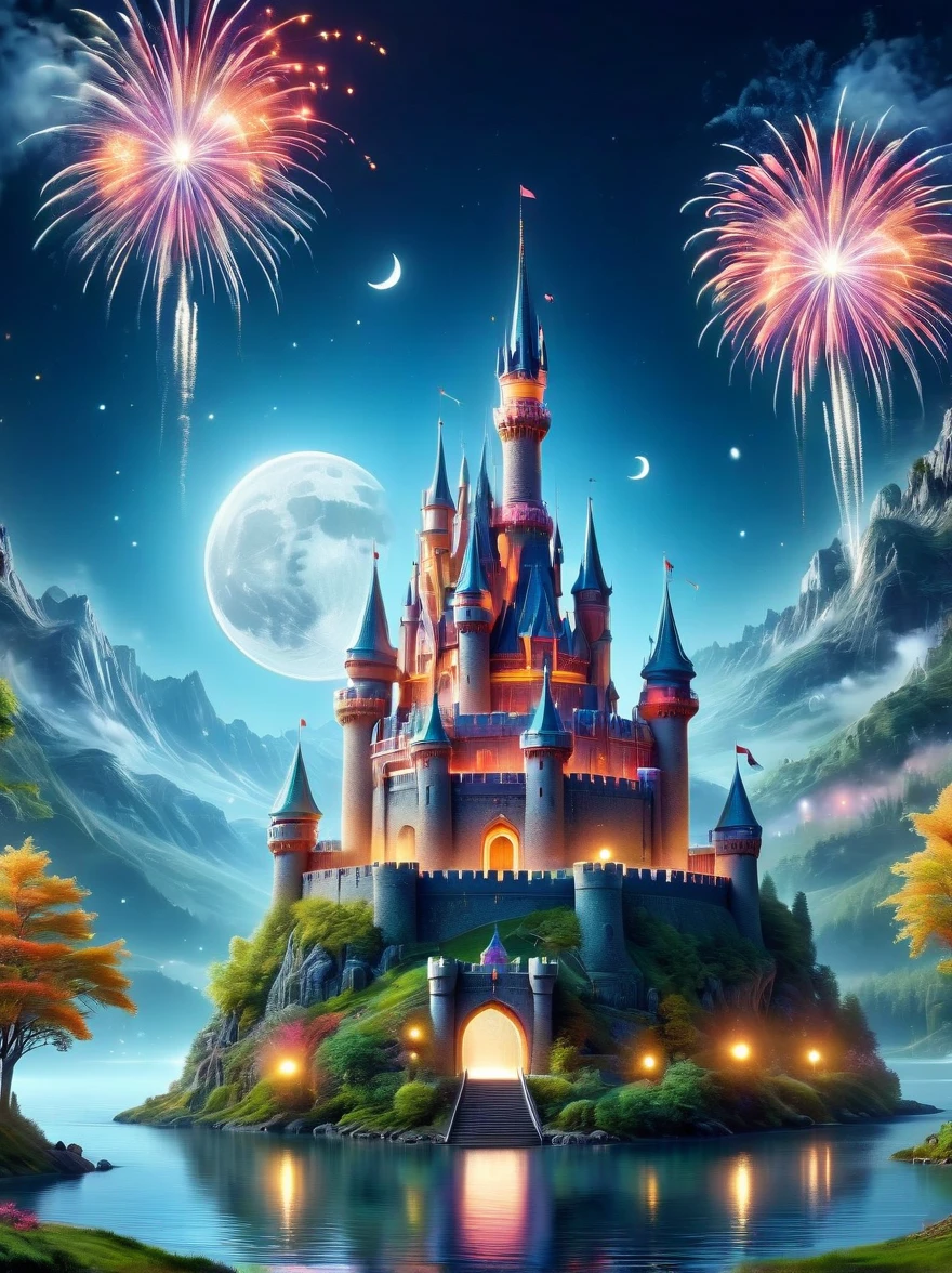 (A mysterious dream castle:1.5), night，(moon:1.5)，(Bubbles)，(fireworks:1.5)，Dreams，(Psychedelic)，(Neon light)，In dreams，A hidden lake，Bright colors，A Glowing Feast，Add a unique character emitting the ethereal aura of a fantasy creature by the water。Wide angle lens，Make it panoramic，Showcasing stunning castle woodland scenery，This magical scene is full of the essence of the fantasy world, Fine fractal，smooth，vivid，Color ink，sketch，Shiny silhouette