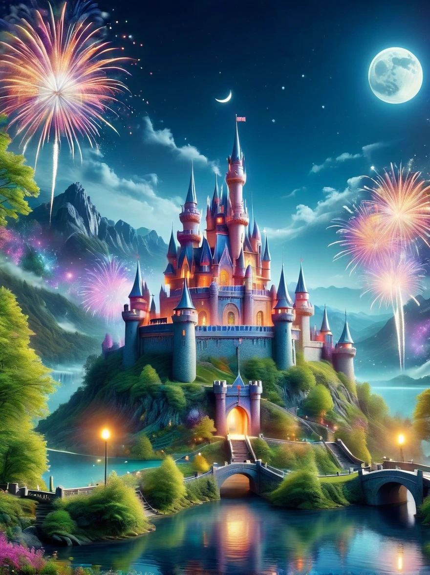 (A mysterious dream castle:1.5), night，(moon:1.5)，(Bubbles)，(fireworks:1.5)，Dreams，(Psychedelic)，(Neon light)，In dreams，A hidden lake，Bright colors，A Glowing Feast，Add a unique character emitting the ethereal aura of a fantasy creature by the water。Wide angle lens，Make it panoramic，Showcasing stunning castle woodland scenery，This magical scene is full of the essence of the fantasy world, Fine fractal，smooth，vivid，Color ink，sketch，Shiny silhouette