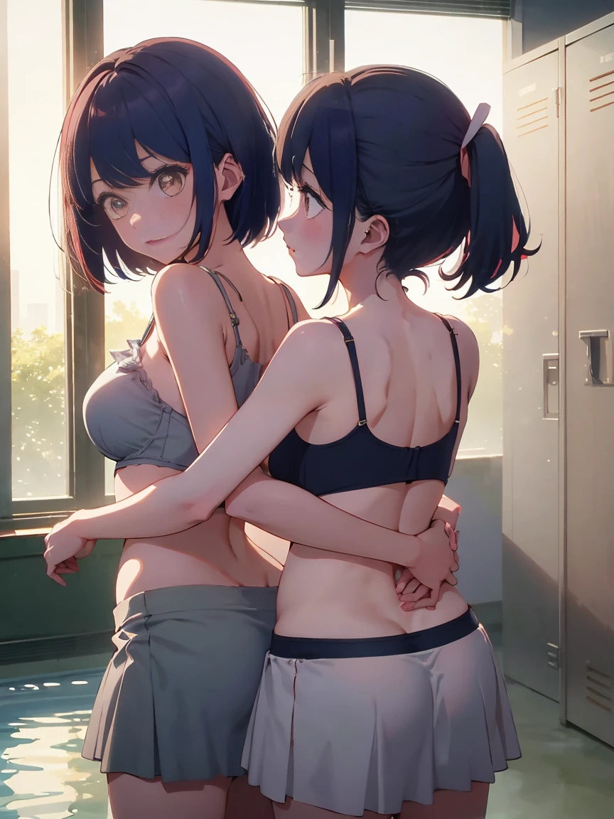 (highest qualityのイラスト:1.2), (cute girl:1.1), (1 girl, alone:1), (2 girls、8-year-old、、、small、cute、cute、small胸、
Very detailedな目:1.2)、(Yuri、kiss、Hug from behind、grab、eyes half closed、eye contact:1.Sweat、I was embraced、blush:1.1)、 
break White Bra、ピンクのgood、Blue Bra、Green bra、Grey Bra、light Grey Bra、 Striped bra、水玉模様がgood、goodチェック柄、
cute、good、kids good、sporty、camisole、Cotton panties、School Skirt、Blake Black Hair、Blue Hair、Brown Hair、extra belly short hair、
short hair、Middle Hair、Hair length、Wavy Hair、Curly Hair、Pale pink braids、Princess Cut、Bobcut、Twin tails、低いTwin tails、
ponytail、ライトブルーのローponytail、break(locker room:1.2)、(evening、evening、Orange sunlight:1.2)、 break(highest quality、Very detailed、Very detailed and beautiful
、超A high resolution、Arm details:1.2)、Browsing Caution　Beautiful Pool
