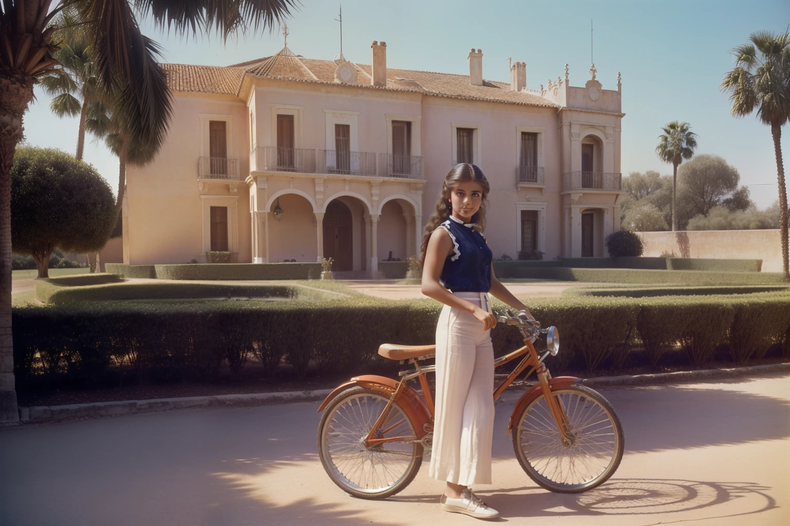 Tharsis, Spain, 1979. A young ((((17-year-old)) Carmela Estévez)), with a bike, in front of a ((victorian english manor)), iron fence, palm trees, ((((clothings from the 1970s, sleeveless linen)))), ((hairstyle of the 1970s)), colorful