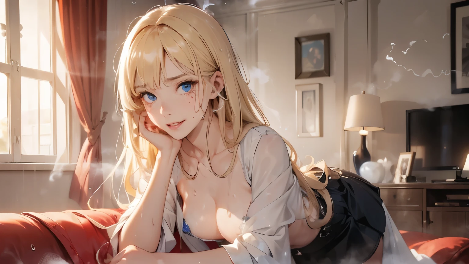 ((((Small breasts)))), ((living room)), one woman, mole, (((((beauty mark))))), (nervous), (red cheek), (((evil smiling))), grinning, hands on breasts, gigantic breasts, long hair, wave hair, diagonal bangs, shiny hair, (blonde), blue eyes, looking at viewer, tall, slender, ((white blouse)), off shoulder, skirt, parted lips, (thick lips), white skin, leaning forward, ((((((((steaming body)))))))), (((((((sweaty))))))), (open mouth), colored inner hair, ((tareme)), beautiful eyes