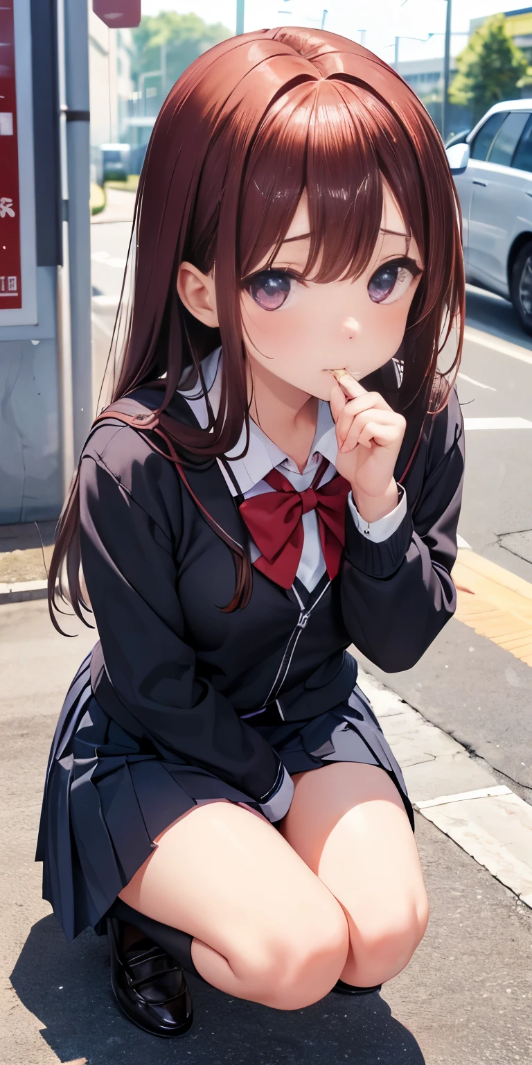girl、high school girl、Wearing 、Mouth open、Pleated skirt、front、Crouching、Looking up at me、Eyes half open、Red face、 on the face、My whole body is wet