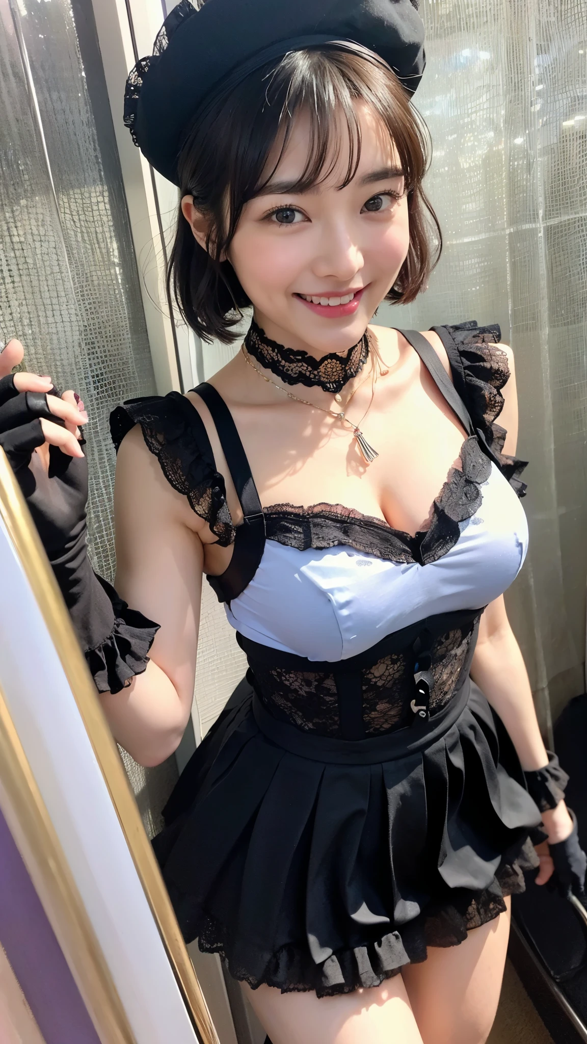 (highest quality、8k、32k、masterpiece、Hmph:1.2)、Cute Japanese Women Photos、Soft looking breasts、No bra、Ample breasts、(((Black boots and black lace gloves)),((Black sleeveless top with ruffle lace)),((Black long skirt)),((Blue-purple short bob hair)),((Cap Chestnut)),((Short bangs)),Realistic,Image Media Chest)),Face Focus,necklace、From above、Looking at the audience、smile、I'm showing my teeth and smiling,Dynamic Shadows、blonde、Wet shiny hair、Shine, Watery eye、((In a crowded train)),